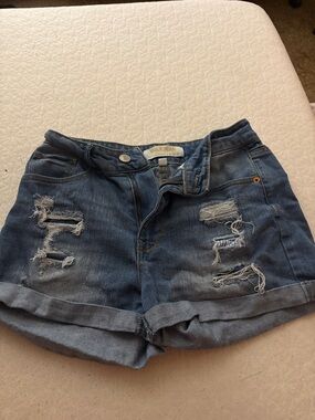 Wax Jean Distressed Rolled-Hem Denim Shorts in Blue